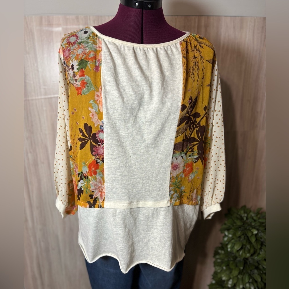 Umgee Floral Patchwork Blouse - Cream and Yellow